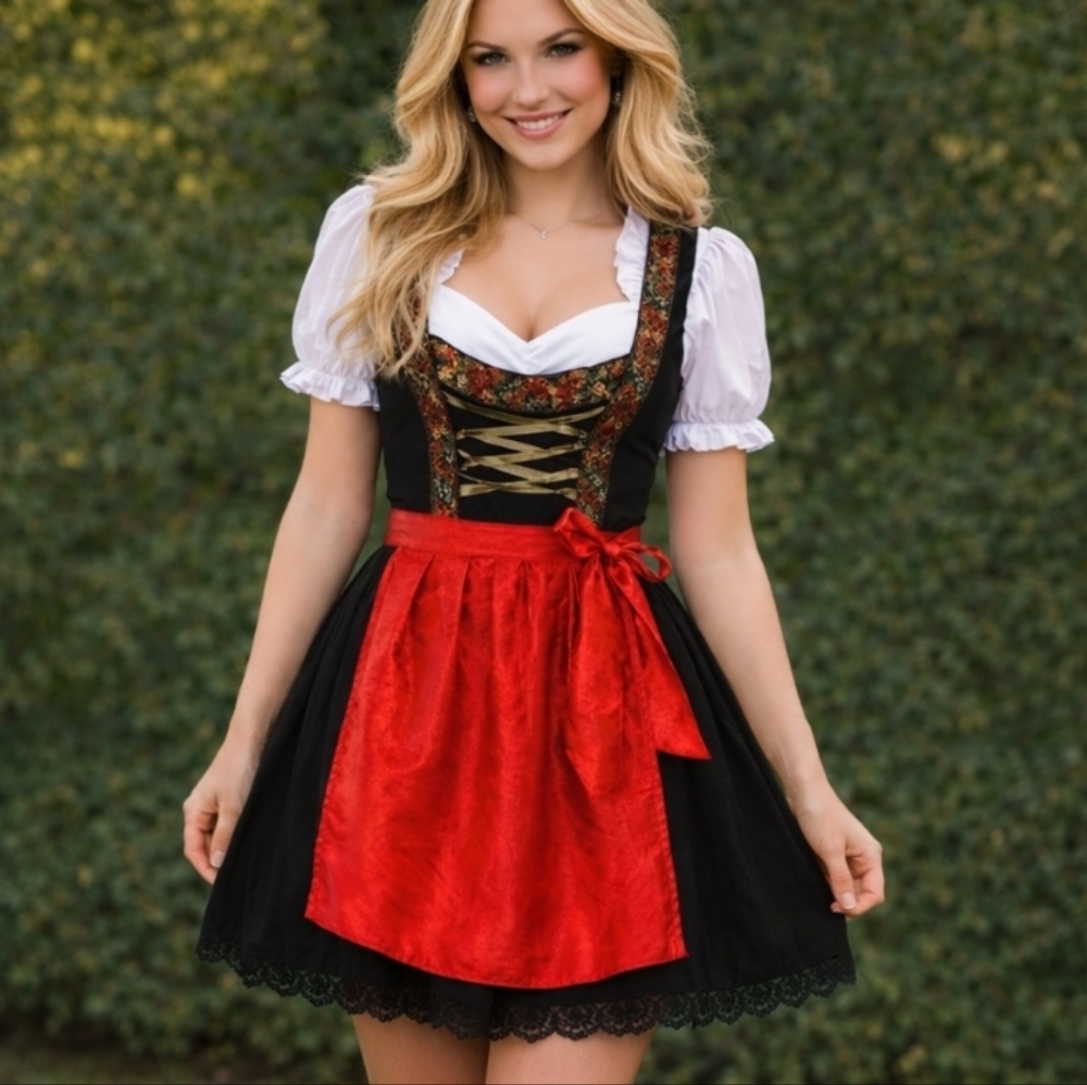 Handcrafted Chic Black Red Apron European Costume Dress